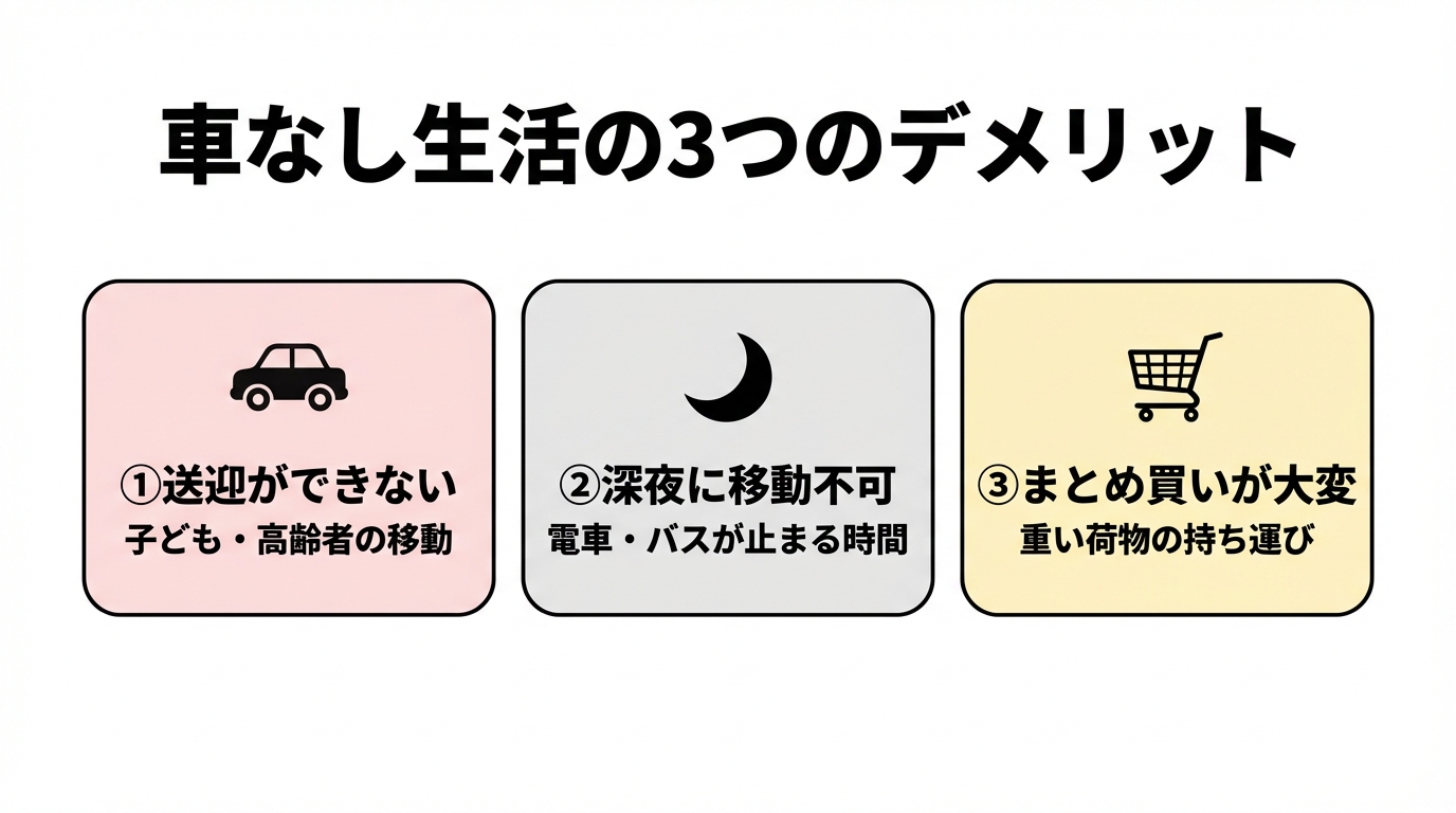 車なし生活の3つのデメリット（送迎不可・深夜移動・まとめ買い）