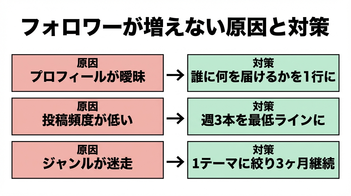 フォロワーが増えない原因と対策(プロフ曖昧/投稿頻度/ジャンル迷走)