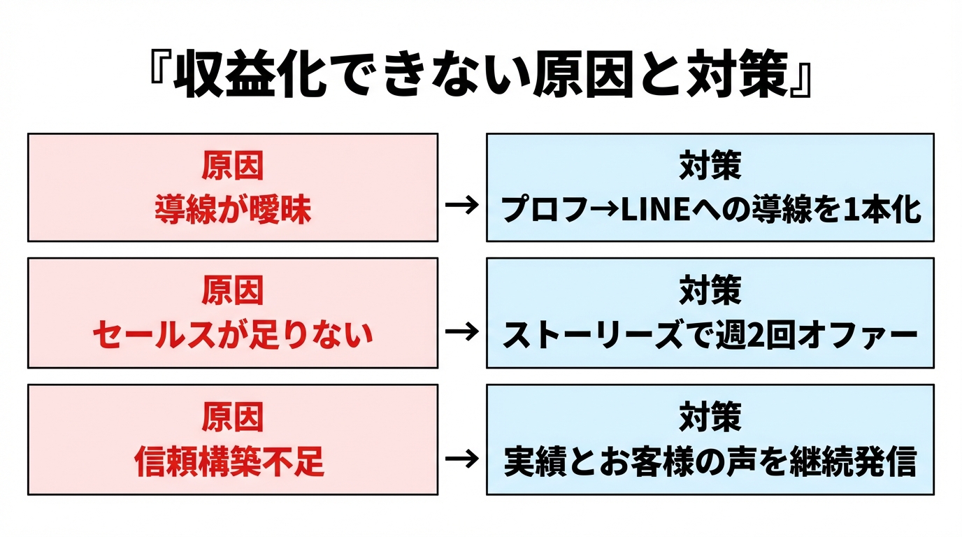 収益化できない原因と対策(導線曖昧/セールス不足/信頼構築不足)