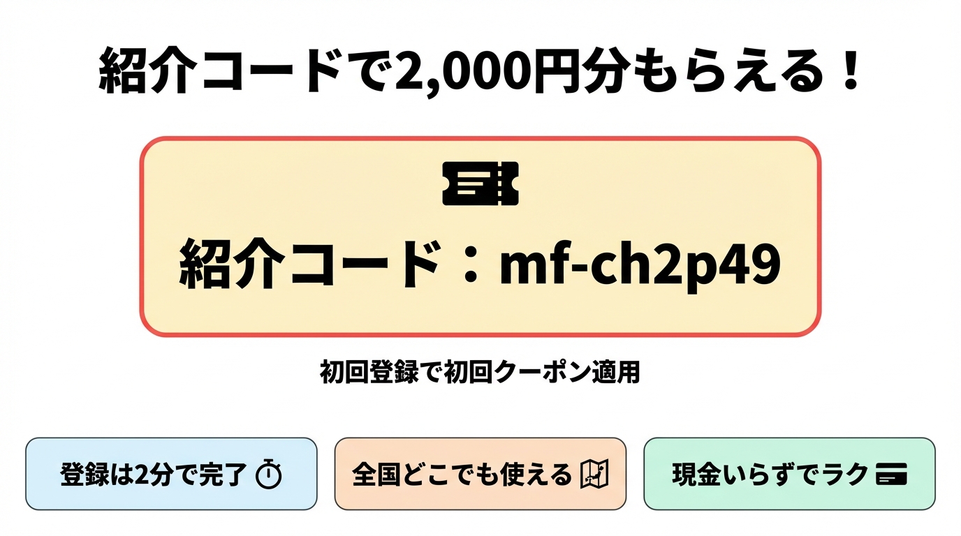 GOタクシー紹介コードmf-ch2p49で2,000円分クーポンがもらえる