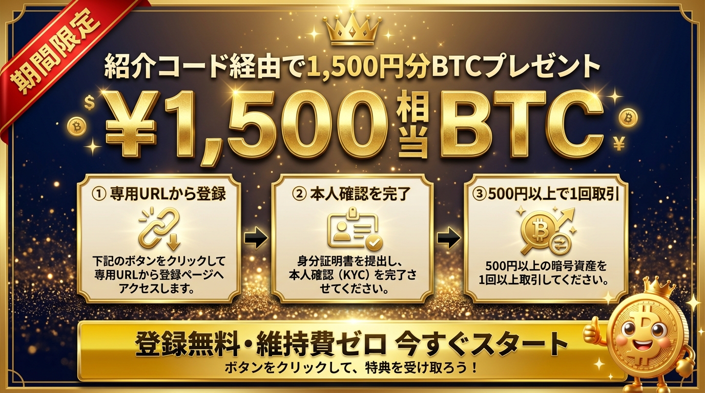 コインチェック口座開設キャンペーン 1,500円BTCプレゼント