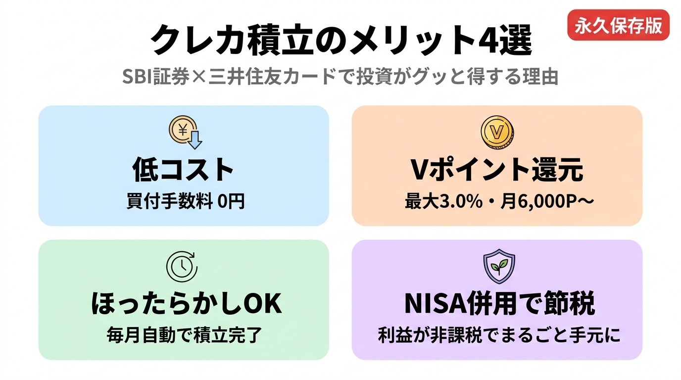 SBI証券クレカ積立の4大メリット・低コスト・Vポイント還元・ほったらかし・NISA併用