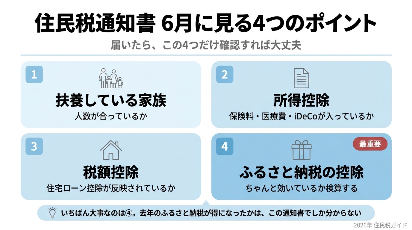 住民税決定通知書で6月に確認する4つのポイント。扶養・所得控除・税額控除・ふるさと納税の控除